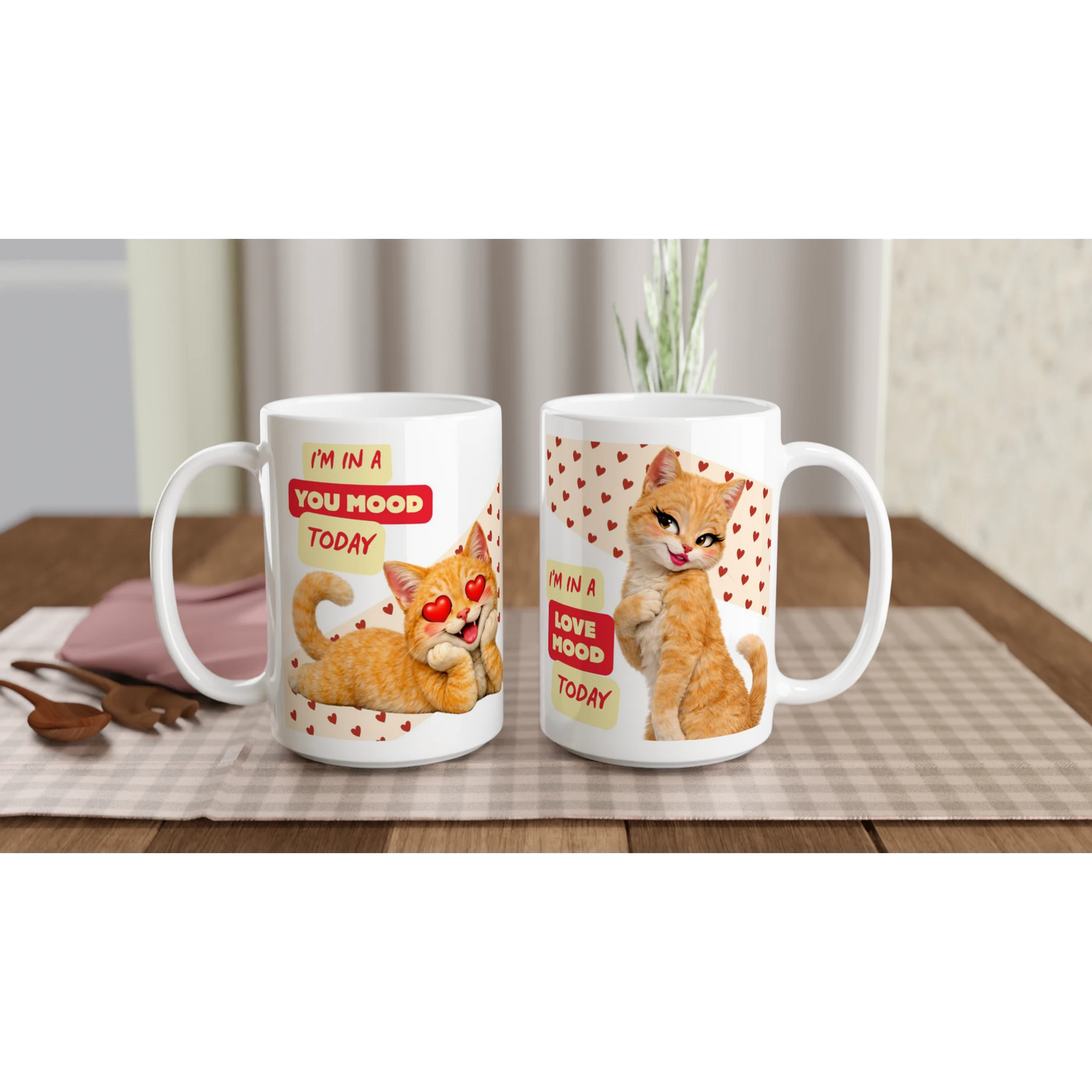 Two white ceramic mugs on a counter, with a male and a female cat with a love theme funny text. Front vue