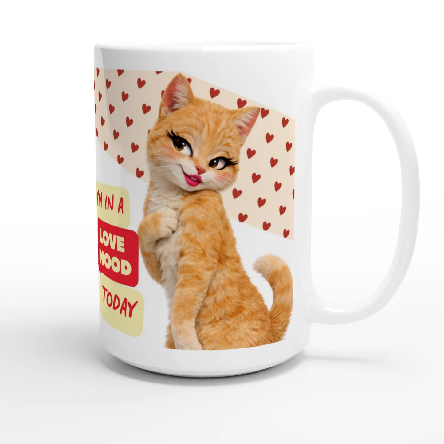 A white ceramic mugs with a female cat with a love theme text. Front vue