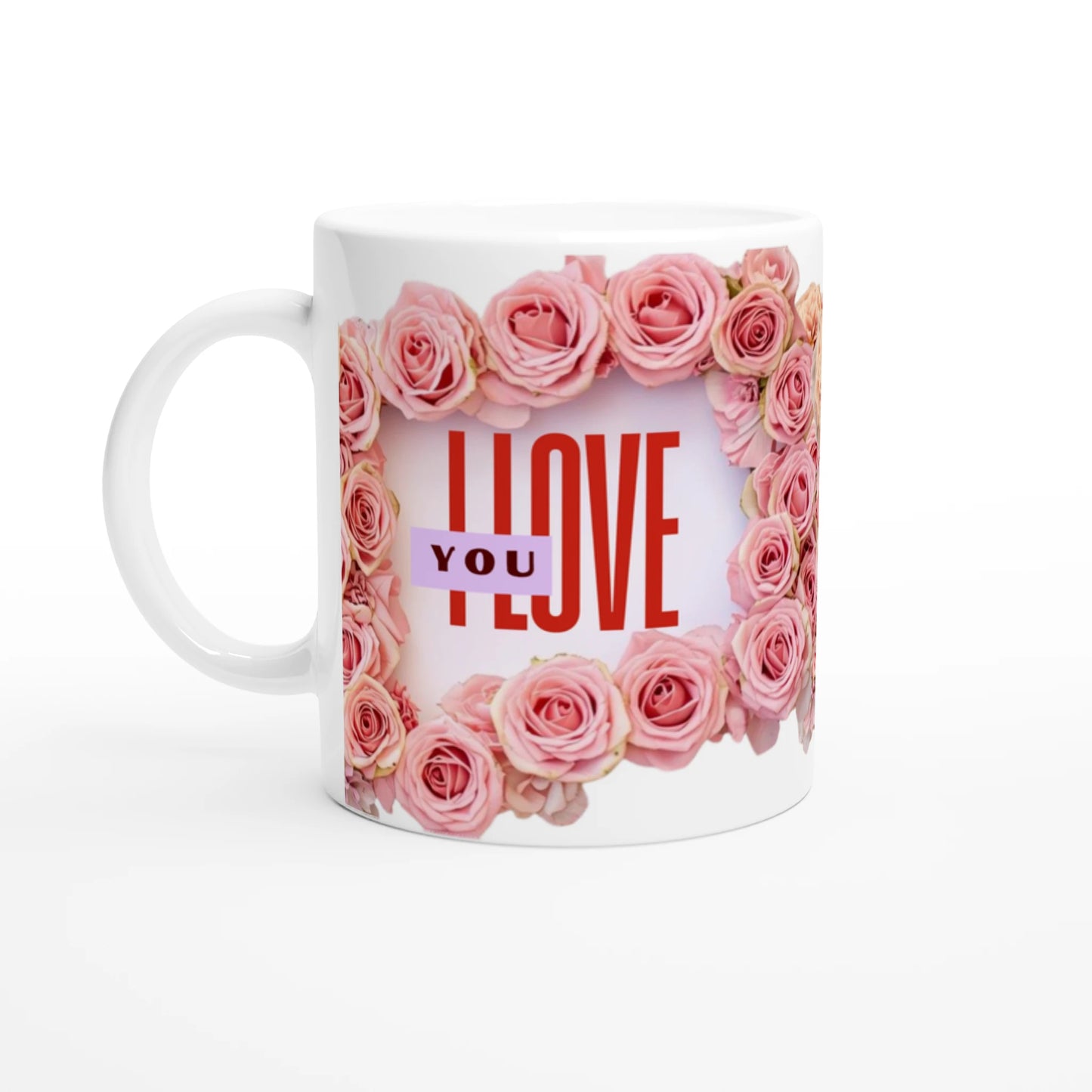 Ceramic white mug with floral design, with the text: I LOVE YOU written on it, Front vue.