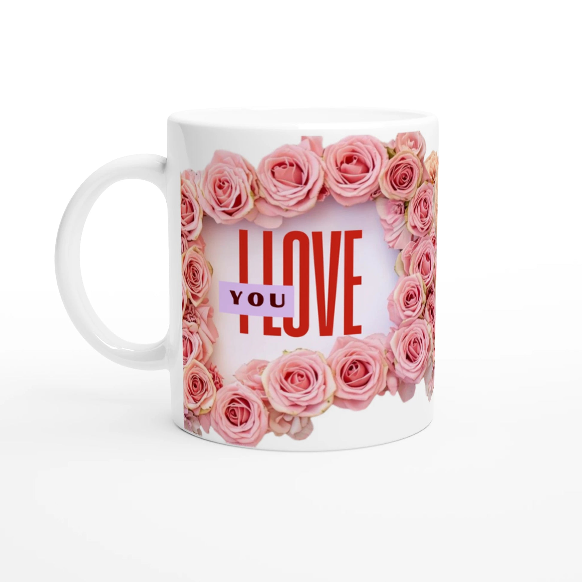 Ceramic white mug with floral design, with the text: I LOVE YOU written on it, Front vue.