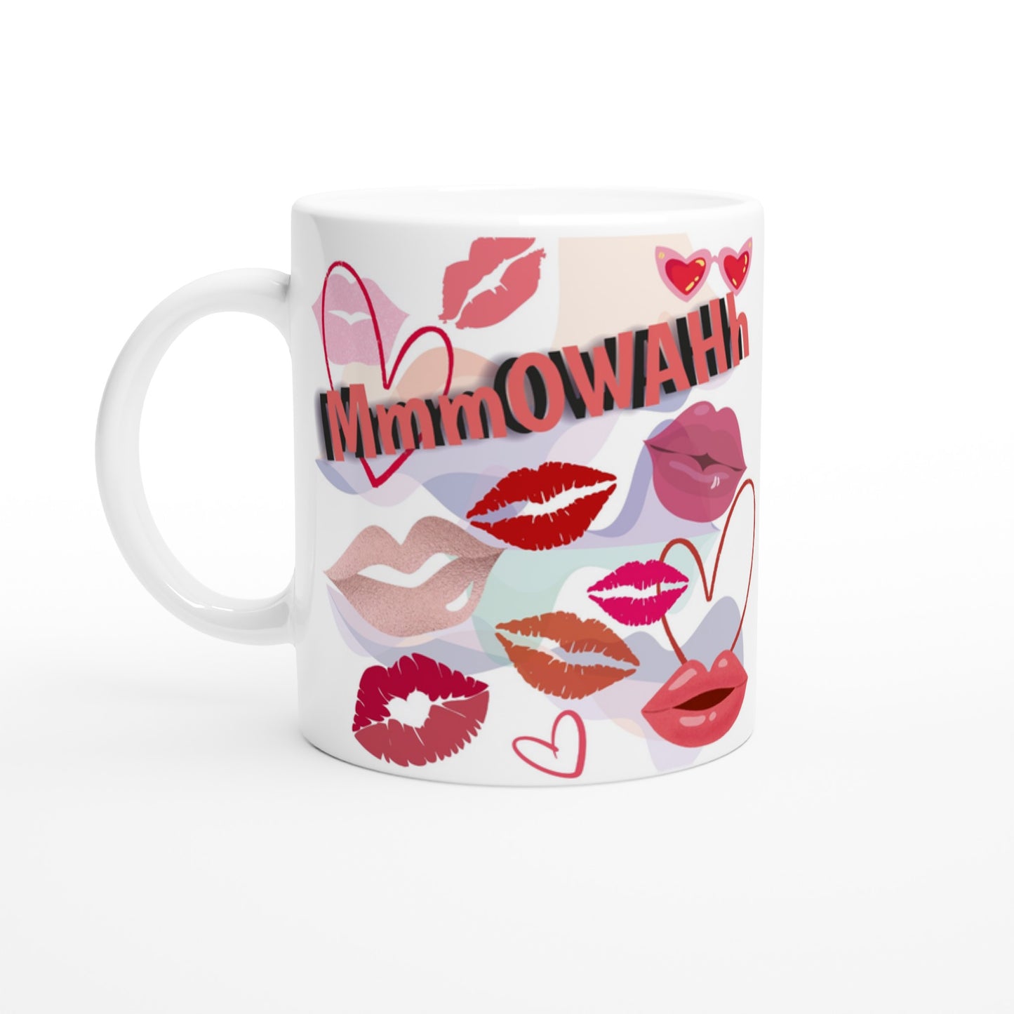White ceramic mug with colorful design containg multiple red lips giving kisses.