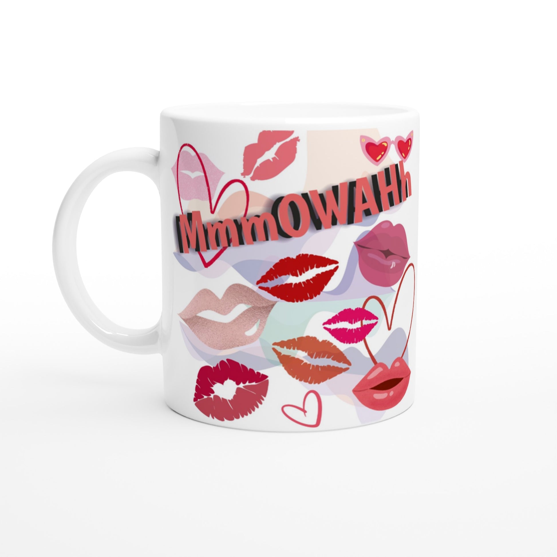 White ceramic mug with colorful design containg multiple red lips giving kisses.