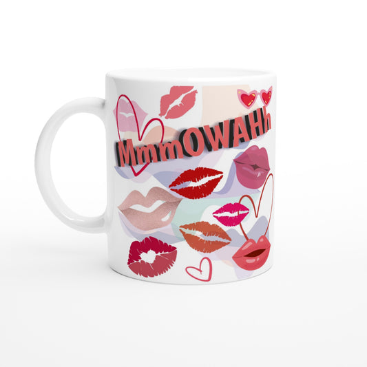 White ceramic mug with colorful design containg multiple red lips giving kisses.