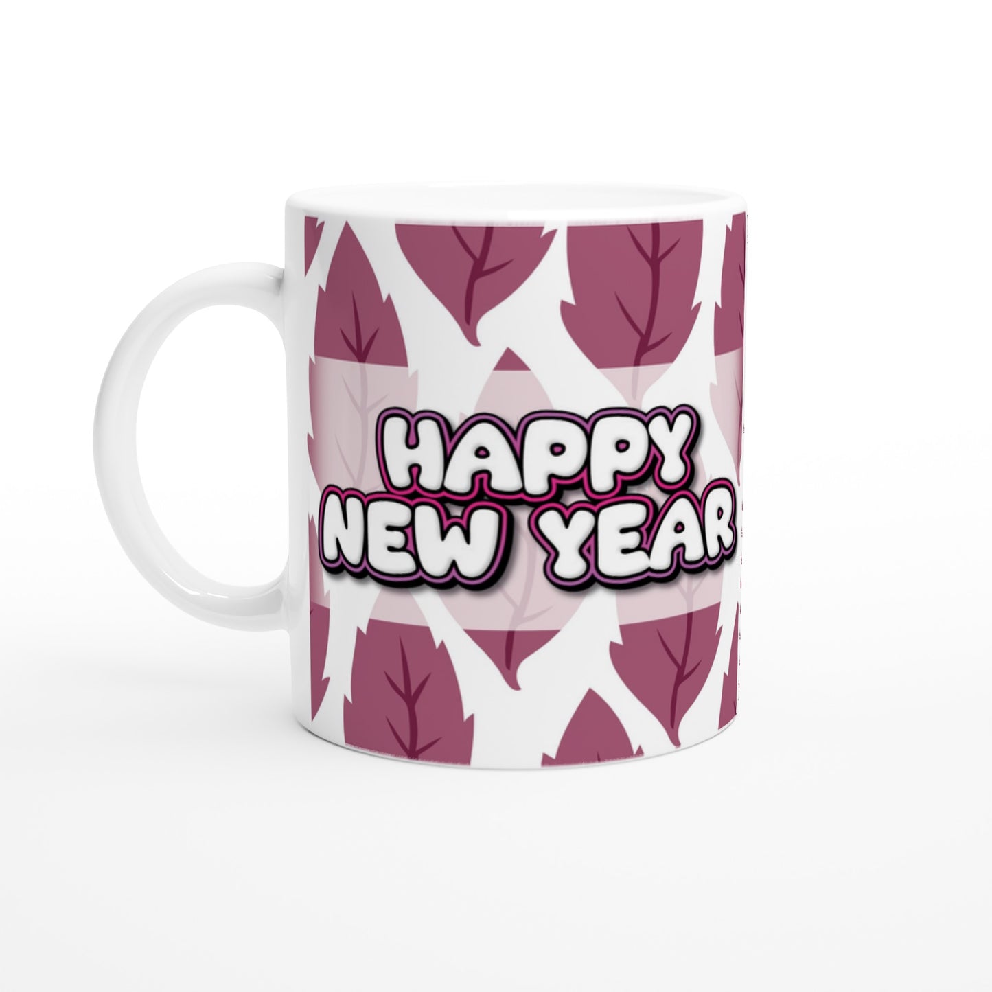white ceramic mug with minimalist design of purple leaves, with text written on it saying Happy new year