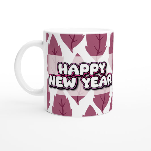 white ceramic mug with minimalist design of purple leaves, with text written on it saying Happy new year