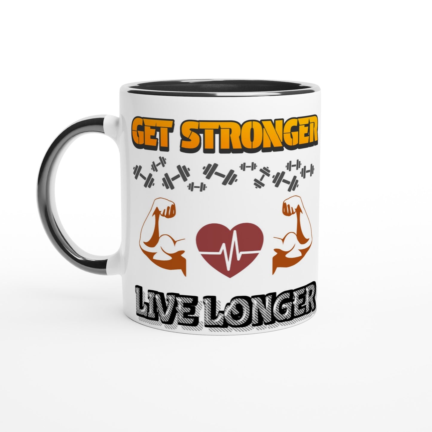 White ceramic mug with black inside and handle with encouraging message for physical training and weight lifting, with an image of strong muscular arms with text saying ;GET STRONGER, LIVE LONGER.