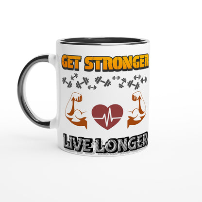 White ceramic mug with black inside and handle with encouraging message for physical training and weight lifting, with an image of strong muscular arms with text saying ;GET STRONGER, LIVE LONGER.