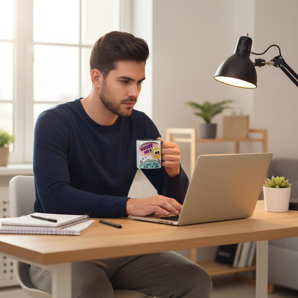 A guy on a home office des cheking his computer, holding a ceramic ceramic mug with a funny design on it.