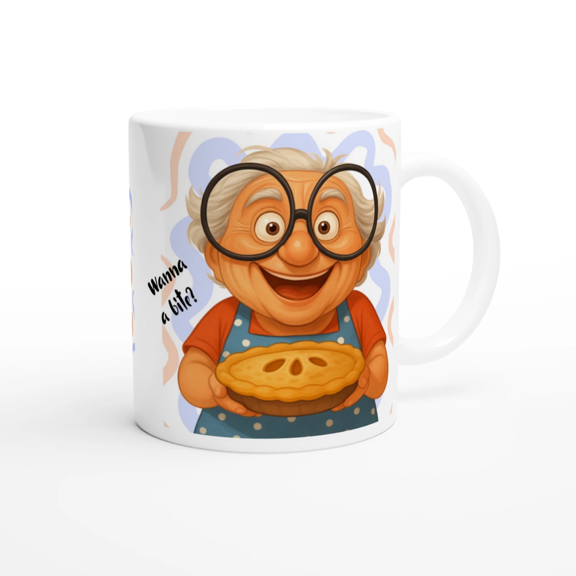 white ceramic mug with a colorful funny pastel design of a grandmother  taking a pie in her hands. 