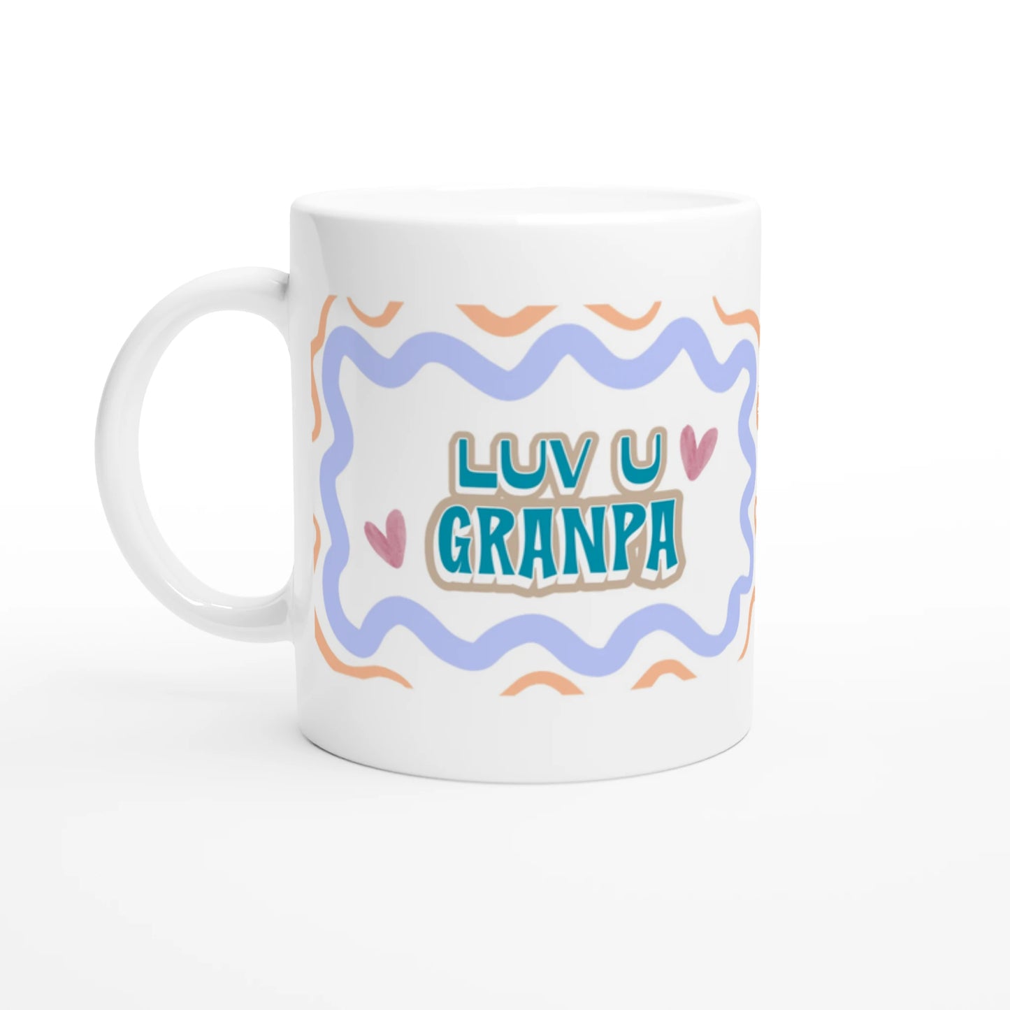 White ceramic mug with colorful design saying love you granpa. Front vue.