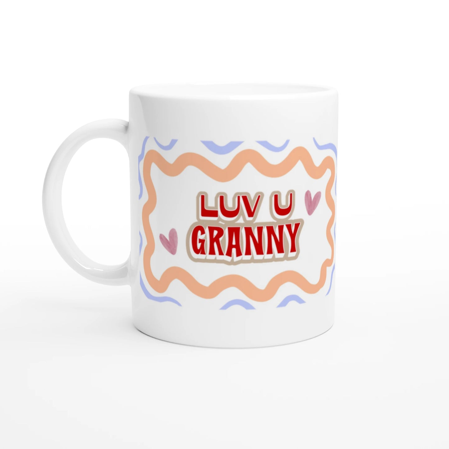 White ceramic mug with a colorful pastel design saying LOVE YOU GRANNY. Front vue