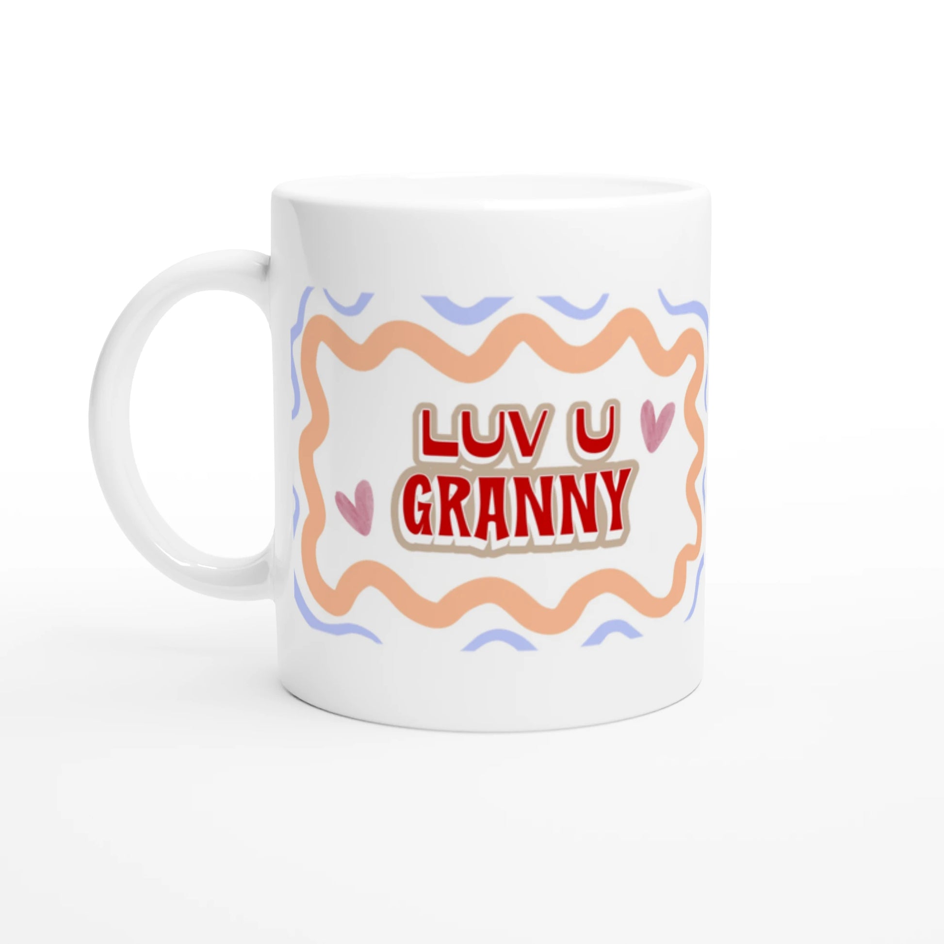 White ceramic mug with a colorful pastel design saying LOVE YOU GRANNY. Front vue