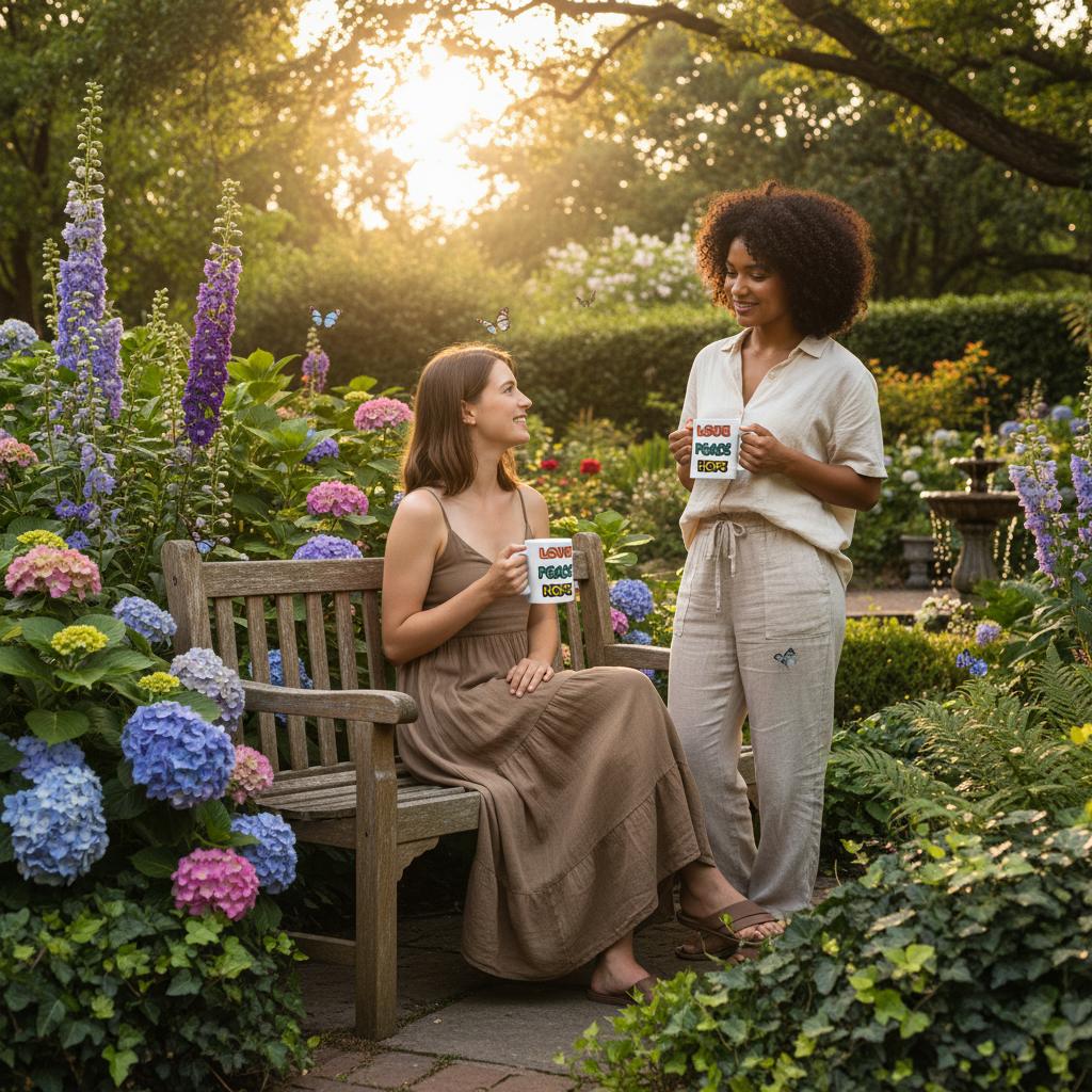Tow wemen having a talk in a peaceful green garden, holding a white ceramic mug with printed bright colored three words: LOVE , PEACE, HOPE.