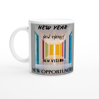 White ceramic mug with coloful design of open doors with encouraging optimistic text for new year celebration.