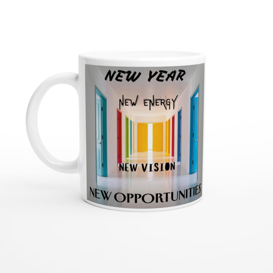 White ceramic mug with coloful design of open doors with encouraging optimistic text for new year celebration.