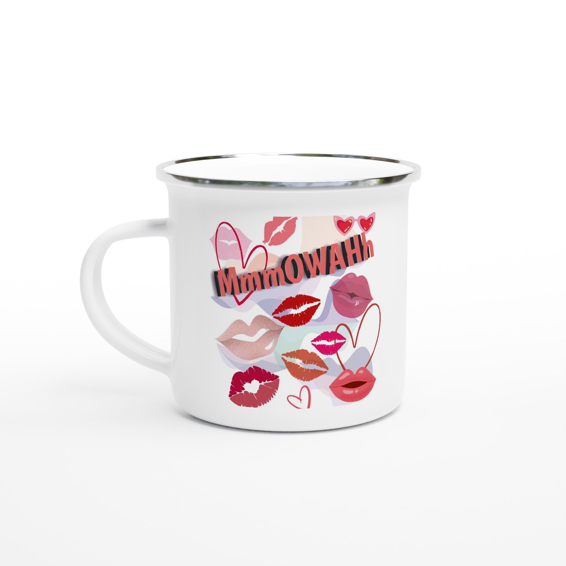 White enamel mug with silver rim with colorful design containg multiple red lips giving kisses.