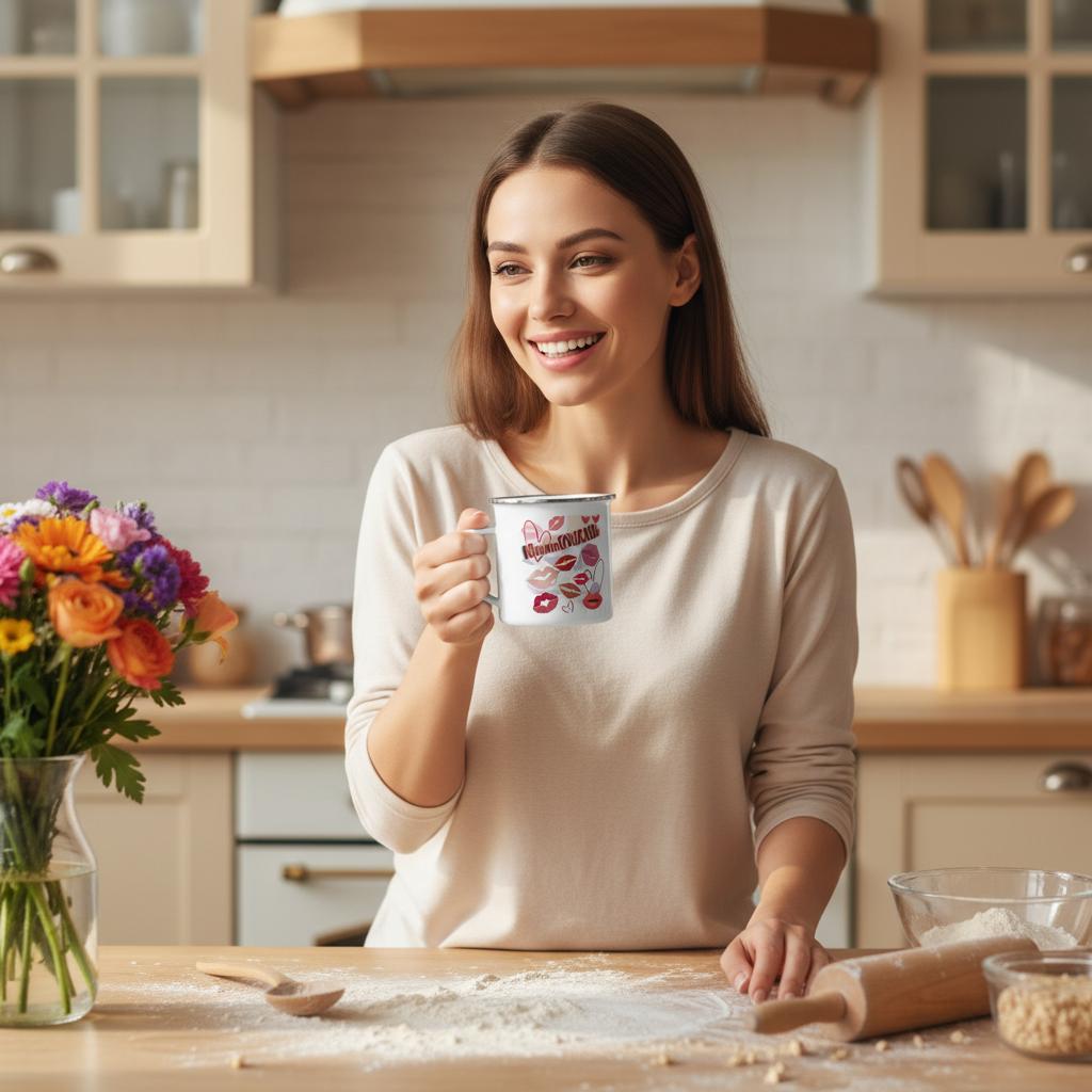 a women smiling on her kitchen counter holding a mug with multiple red lips giving kisses printed on it.