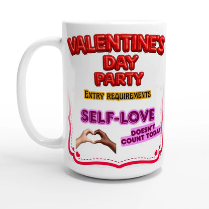 White ceramic mug with a printed humorous invitation for a   valentine's day party.