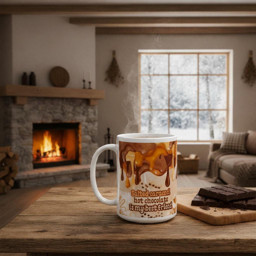 Cosy living room with a chimney  and a wooden table, with a white ceramic mug on it with a warm colored printed design of melted chocolate and caramel and chocolate sprinkles with text saying; Salted caramel hot chocolate is my best friend.
